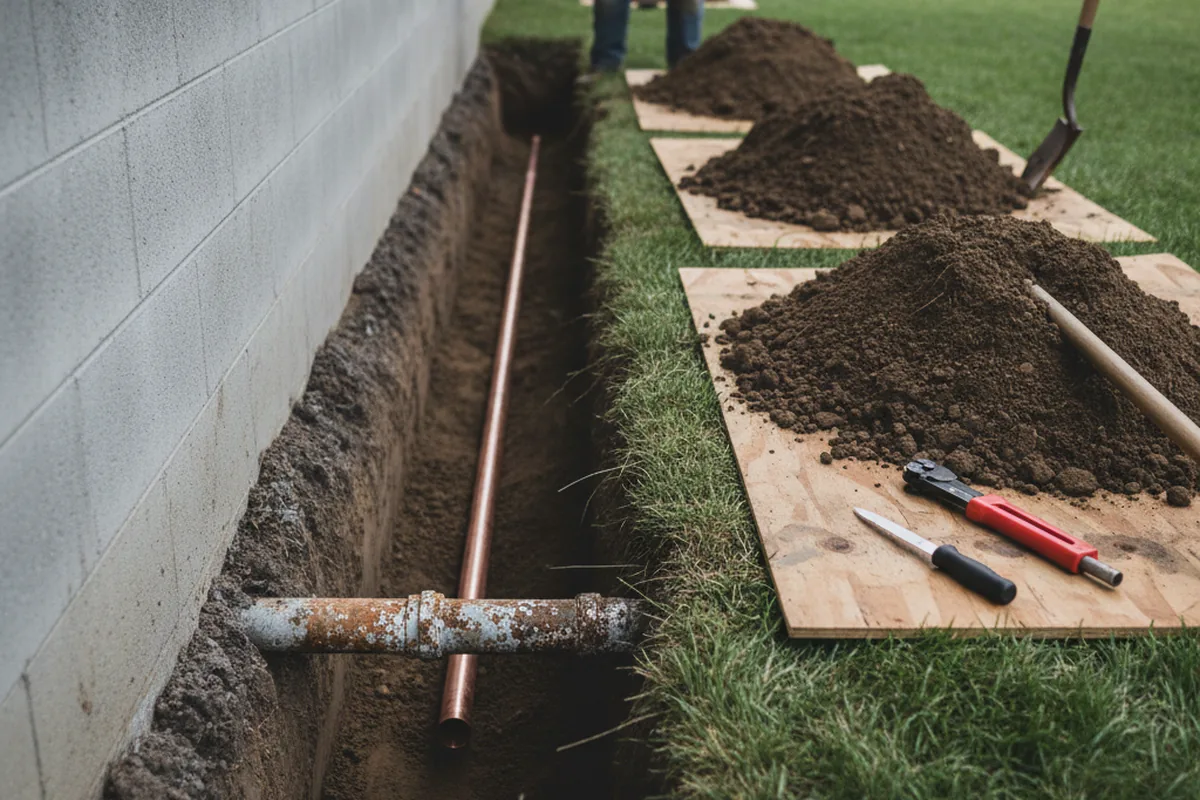 Excavated water line trench during Water Softener Installation in Teton